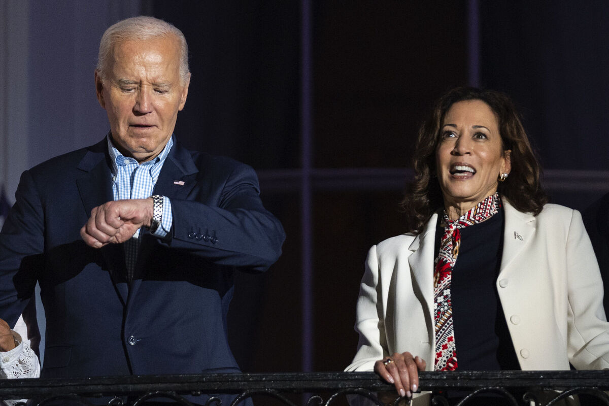 US president Joe Biden and vice president Kamala Harris wait for the start of the Fourth of July Independence Day fireworks at the White House on Thursday.  Picture: Evan Vucci/AP