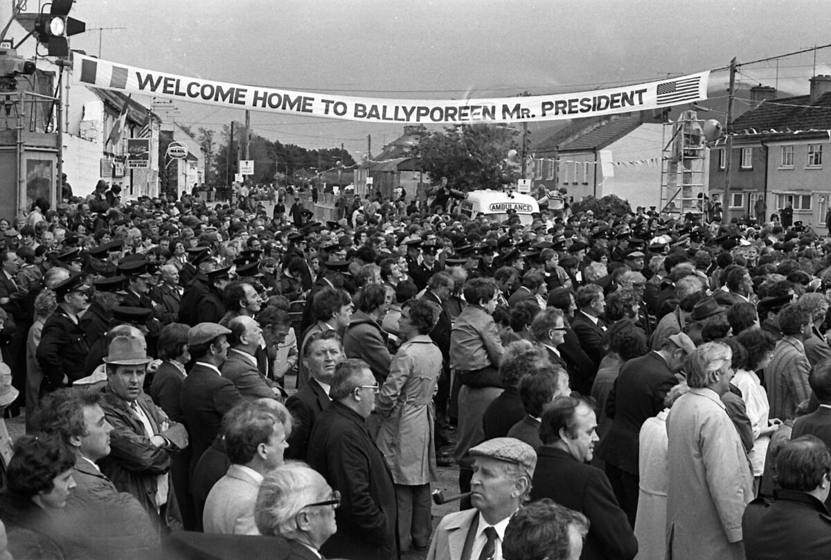 The streets of Ballyporeen Co Tipperary thronged with visitors who came to see US president Ronald Reagan during his visit to Ireland in June 1984. Picture: Irish Examiner Archive