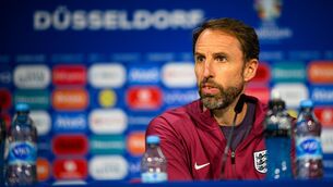<p>Gareth Southgate during the press conference at Dusseldorf Arena</p>