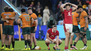 <p>Players react following the first rugby international between Australia and Wales in Sydney. Pic: AP Photo/Rick Rycroft</p>