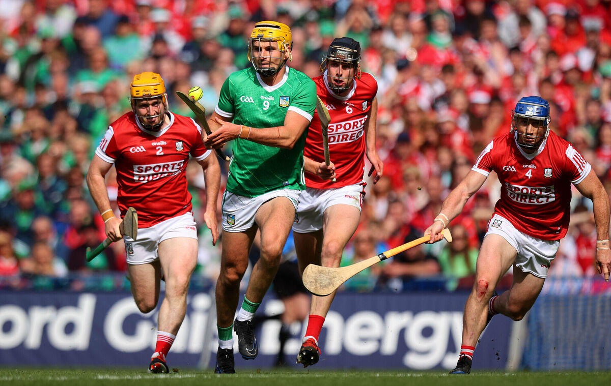 Limerick’s Cathal O’Neill with Niall O' Leary, Robert Downey and Sean O’Donoghue of Cork. Pic Credit ©INPHO/Ryan Byrne