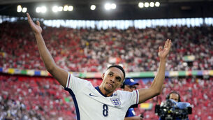 <p>England's Trent Alexander-Arnold celebrates after a quarterfinal match between England and Switzerland. Pic: AP</p>