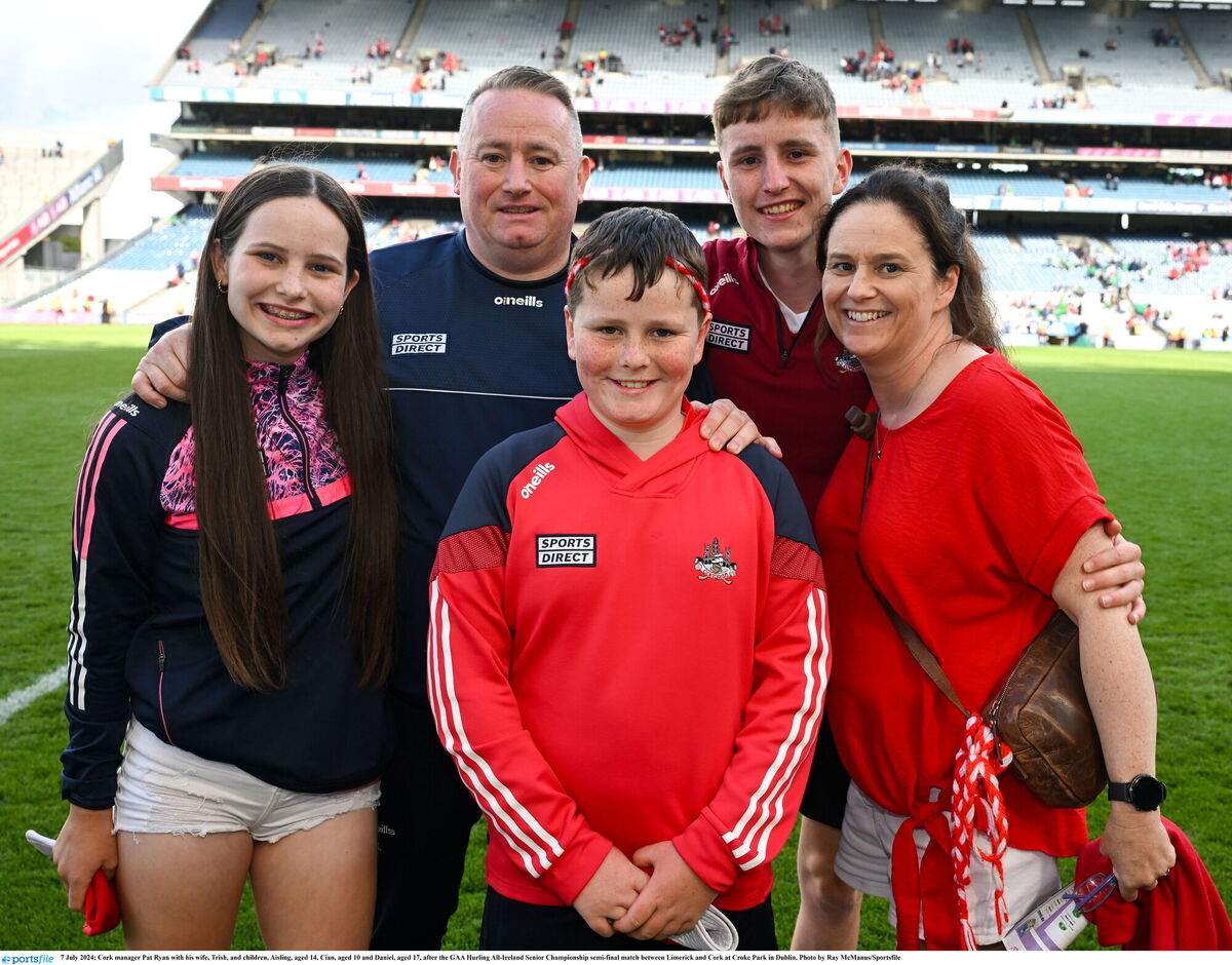 SPECIAL DAY: Cork manager Pat Ryan with his wife, Trish, and children, Aisling, aged 14, Cian, aged 10 and Daniel, aged 17, after the GAA Hurling All-Ireland Senior Championship semi-final match between Limerick and Cork at Croke Park in Dublin. Pic:  Ray McManus/Sportsfile