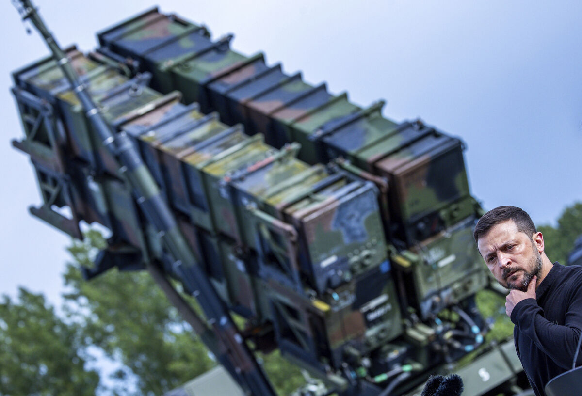 Ukraine's president Volodymyr Zelenskyy stands in front of a Patriot air defense missile system during a visit to a military training area in the German state of Western Pomerania last month. Picture: Jens Buettner/dpa via AP