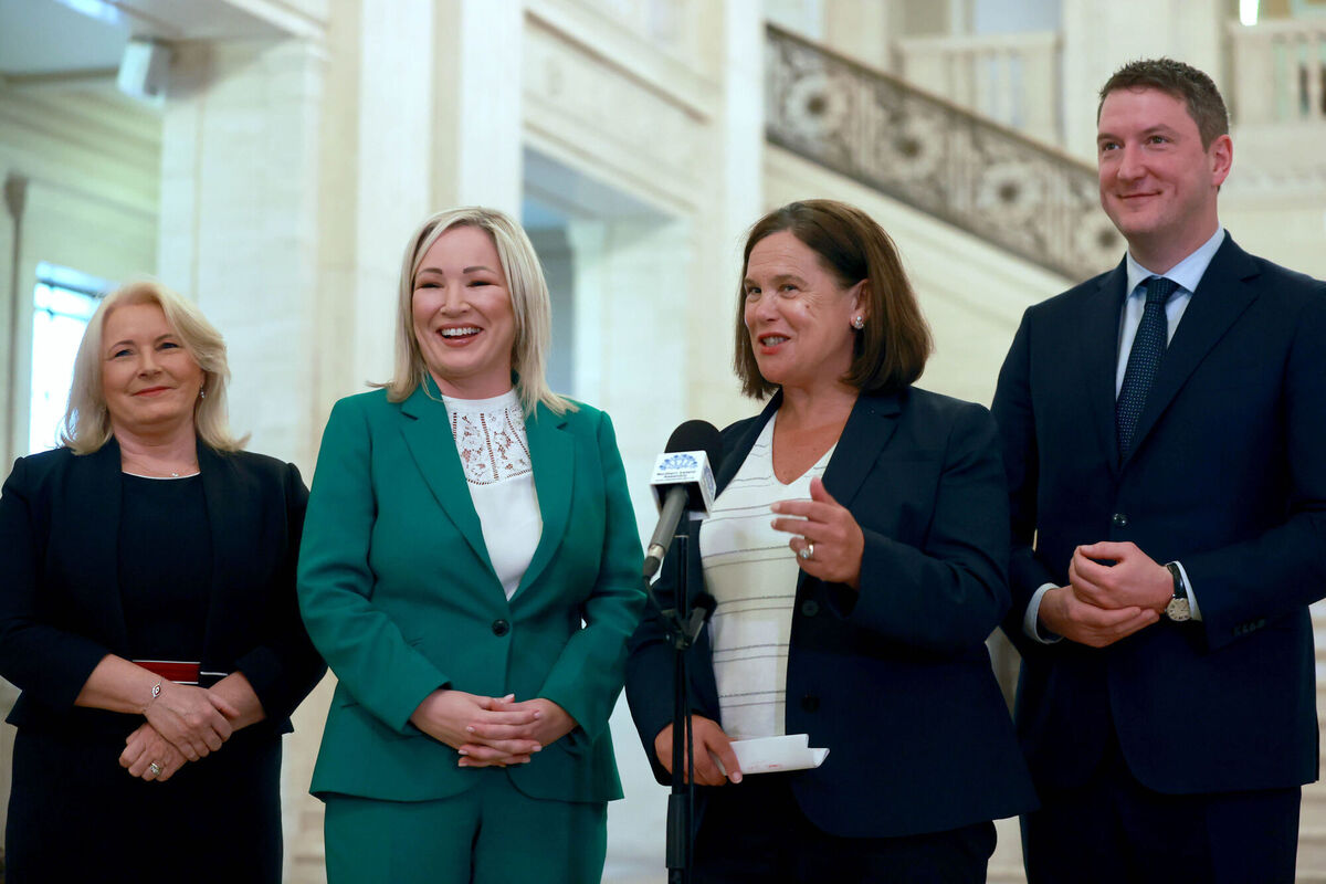 (Left to right) Sinn Fein's Pat Cullen, First Minister of Northern Ireland Michelle O'Neill, Sinn Fein's President Mary Lou McDonald and John Finucane in the Great Hall of Parliament Buildings at Stormont on Monday. Photo: Liam McBurney/PA