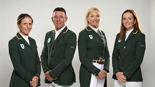 <p>TEAM ANNOUNCEMENT: Pictured, from left, are Sarah Ennis, Shane Sweetnam, Aoife Clarke and Susie Berry during the Team Ireland Paris 2024 announcement for Equestrian at The Crowne Plaza Hotel in Blanchardstown, Dublin. Pic: Ramsey Cardy/Sportsfile</p>