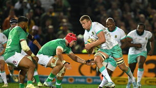 <p>ROUND TWO: South Africa's Pieter-Steph du Toit  in action against Ireland's Josh van der Flier in the first test at Loftus Versfeld Stadium in Pretoria, South Africa. Pic: Brendan Moran/Sportsfile</p>