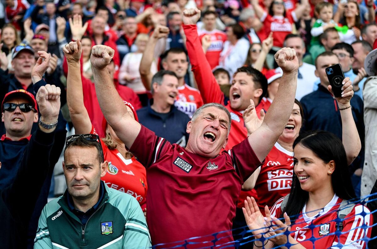 Cork supporters celebrating their team winning the All-Ireland Senior Hurling Championship semi-final against Limerick on Sunday. Photo: Stephen McCarthy/Sportsfile