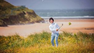 <p>Team USA's Brendan Valdes plays from the heavy rough into the 12th green overlooking Lahinch beach during the Palmer Cup Am-Am. Pic: Brian Arthur</p>