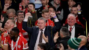 <p>REAL DRIVER: Derry City chairman Philip O'Doherty celebrates after the Extra.ie FAI Cup Final. Photo by Stephen McCarthy/Sportsfile</p>