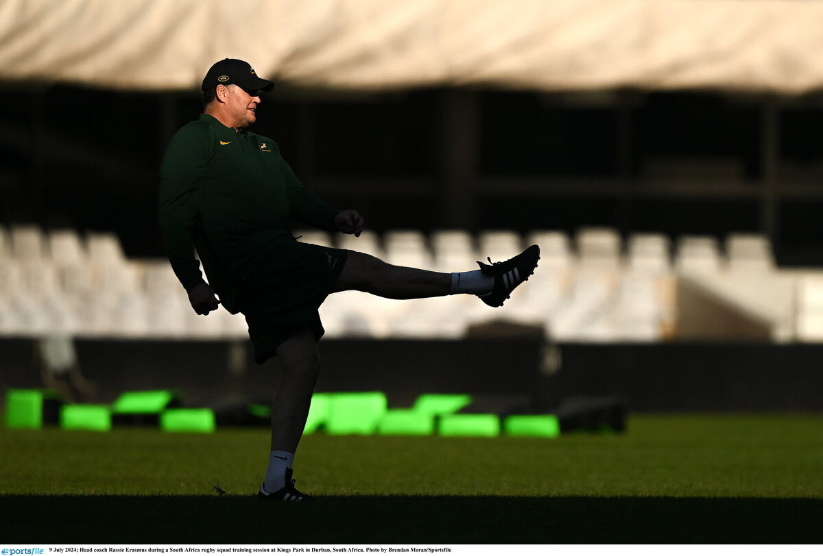Head coach Rassie Erasmus during a South Africa rugby squad training session at Kings Park in Durban, South Africa. Photo by Brendan Moran/Sportsfile Head coach Rassie Erasmus during a South Africa rugby squad training session at Kings Park in Durban, South Africa. Photo by Brendan Moran/Sportsfile