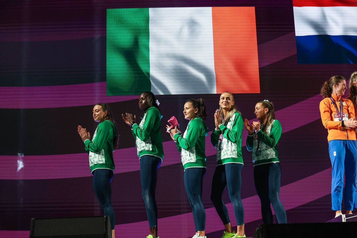Ireland's silver-winning Women’s 4x400m Relay team at the 2024 European Athletics Championships, Stadio Olympico, Rome: Sophie Becker, Rhasidat Adeleke, Phil Healy, Sharlene Mawdsley and Lauren Cadden celebrate with their silver medals. Photo: Morgan Treacy/Inpho Ireland's silver-winning Women’s 4x400m Relay team at the 2024 European Athletics Championships, Stadio Olympico, Rome: Sophie Becker, Rhasidat Adeleke, Phil Healy, Sharlene Mawdsley and Lauren Cadden celebrate with their silver medals. Photo: Morgan Treacy/Inpho