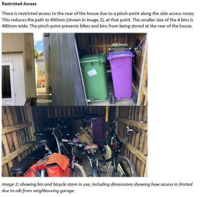 A photograph showing the narrow side passage at the O'Regan family home, which makes storing bikes to the rear of the property very difficult. 