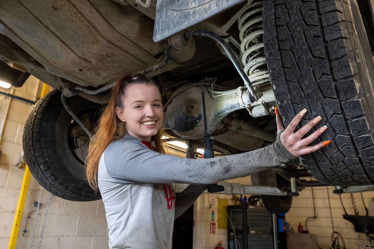 First Year Heavy Vehicle Mechanic, Natasha Rowan at work in the ESB depot in Portlaoise. Photo: Alf Harvey. First Year Heavy Vehicle Mechanic, Natasha Rowan at work in the ESB depot in Portlaoise. Photo: Alf Harvey.