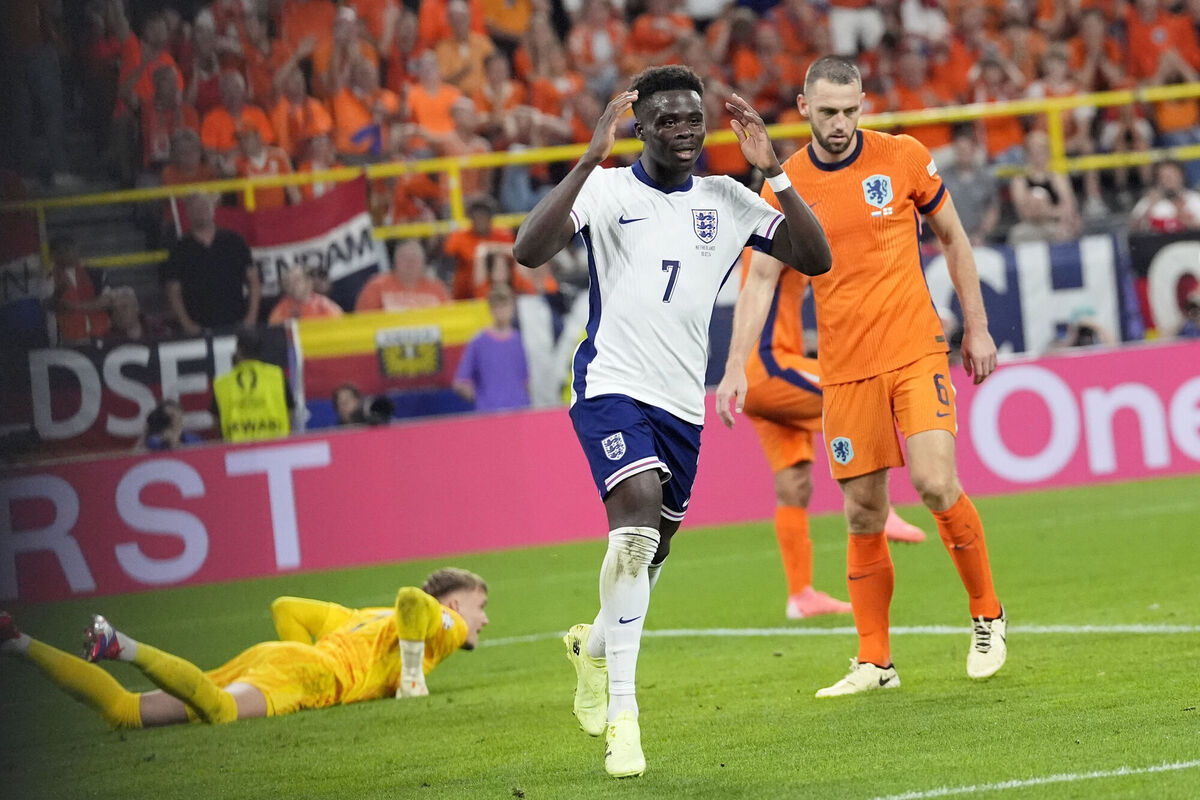 Bukayo Saka reacts after having a late goal ruled out for offside against the Netherlands (AP Photo/Martin Meissner) Bukayo Saka reacts after having a late goal ruled out for offside against the Netherlands (AP Photo/Martin Meissner)