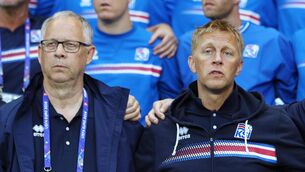 <p>Iceland head coaches Lars Lagerback (L) head and Heimir Hallgrimsson at Euro 2018. Photo by Michael Steele/Getty Images</p>