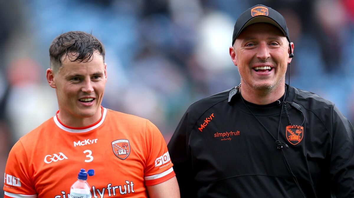 Armagh’s selector Kieran Donaghy and Aaron McKay celebrate