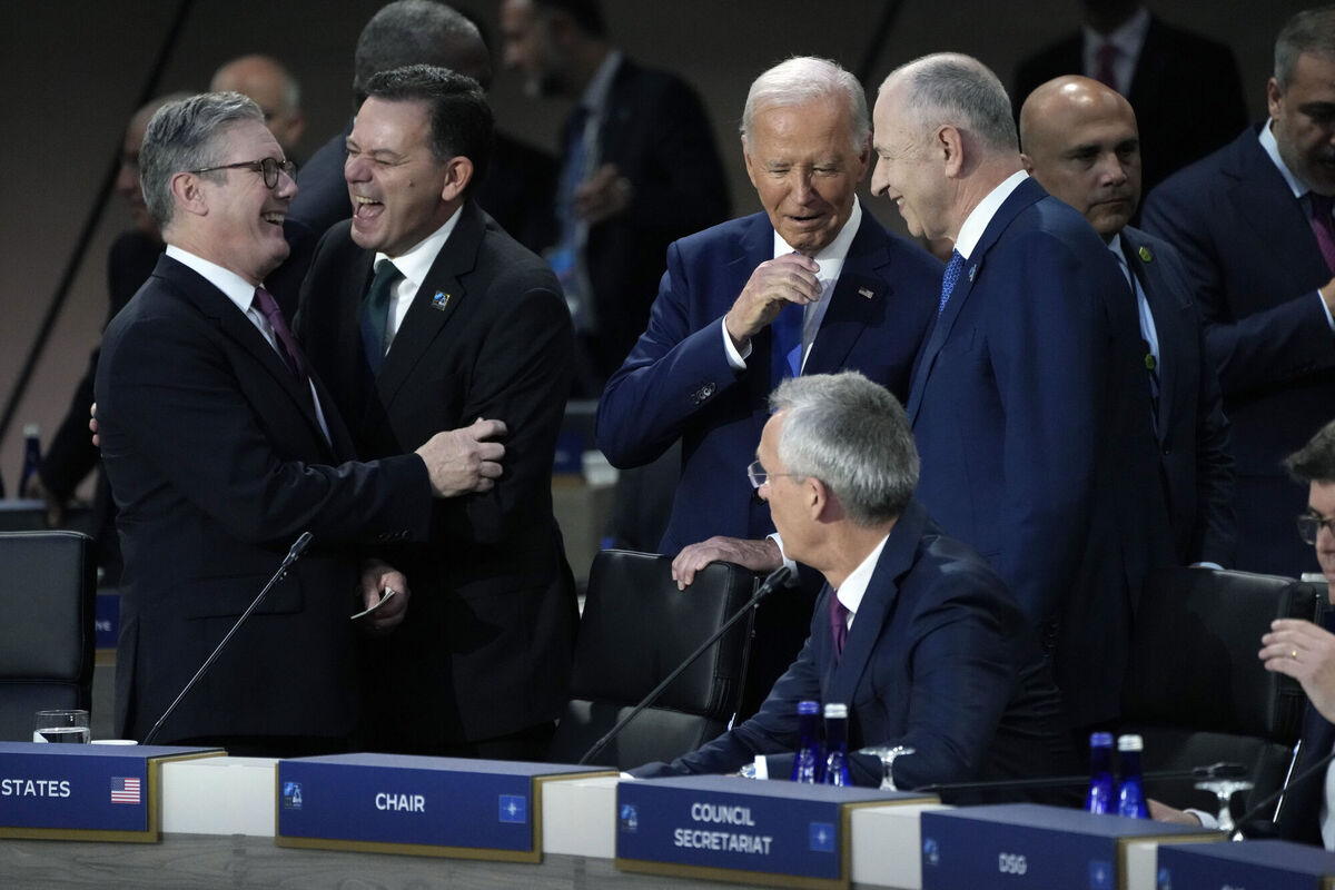 President Joe Biden arrives to attend Working Session II of the NATO Summit in Washington, Thursday, July 11, 2024. From left are British Prime Minister Keir Starmer, Portugal Prime Minister Luis Montenegro, Biden, and NATO Deputy Secretary General Mircea Geoana. Seated is Secretary General of NATO Jens Stoltenberg. Picture: AP Photo/Jacquelyn Martin