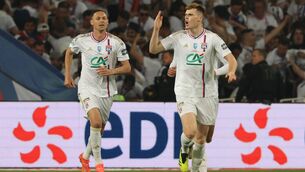 <p>Lyon's Irish defender Jake O'Brien celebrates after scoring his team's first goal during the French Cup Final. Pic: DENIS CHARLET/AFP via Getty Images.</p>
