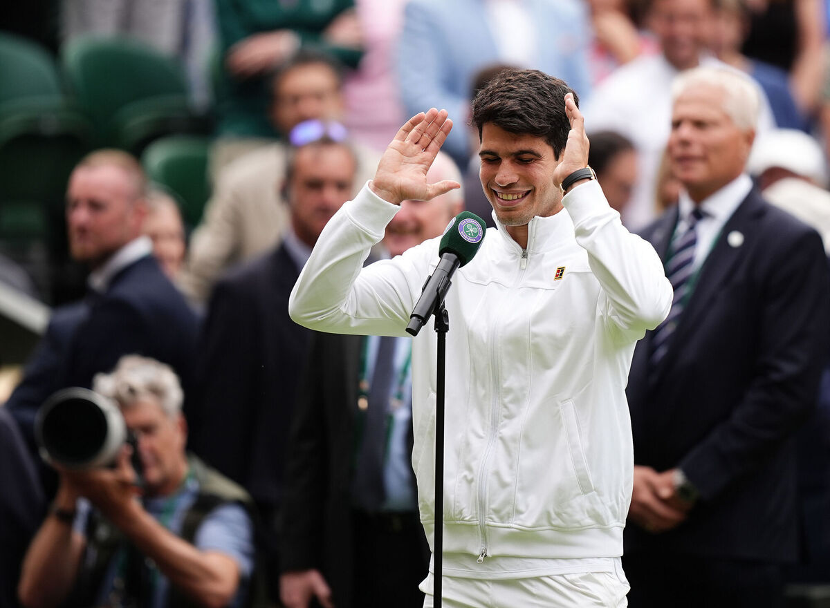 Carlos Alcaraz celebrates his victory. Picture: Aaron Chown/PA Wire.