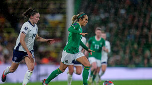 <p>IMPORTANT GOAL: Julia Ann Russell secures an important goal for Ireland in injury time on her return to International football. Picture: ©INPHO/Ryan Byrne</p>