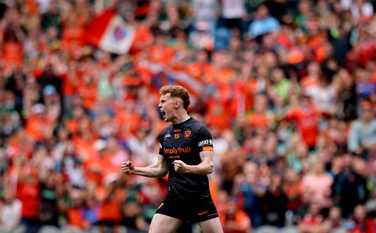 Armagh’s Conor Turbitt celebrates a point in extra time. Pic: Ryan Byrne/Inpho