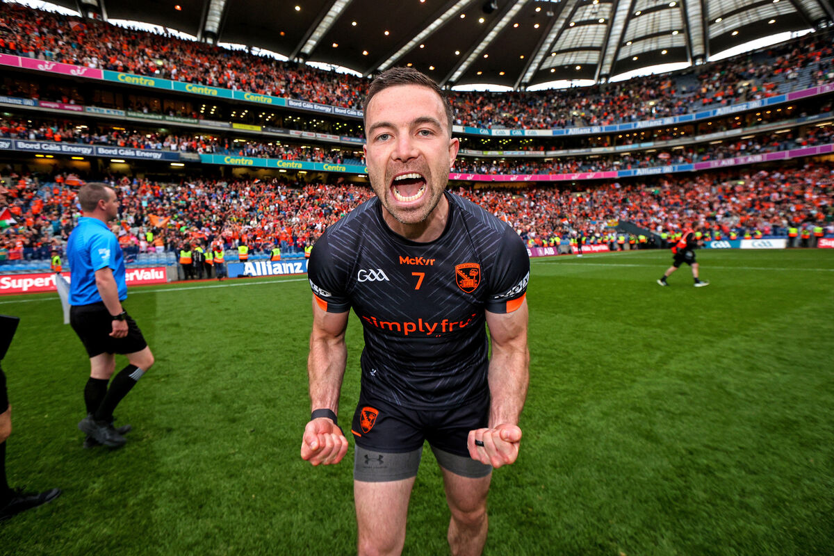 Armagh’s Aidan Forker celebrates after the game. Pic: Ryan Byrne, Inpho