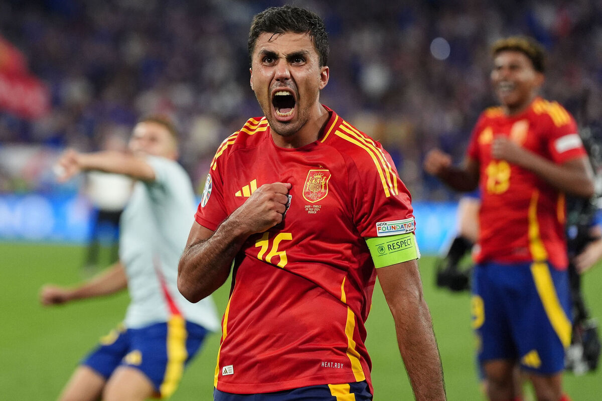 Spain's Rodri celebrates after winning the UEFA Euro 2024, semi-final. Photo credit: Bradley Collyer/PA Wire. Spain's Rodri celebrates after winning the UEFA Euro 2024, semi-final. Photo credit: Bradley Collyer/PA Wire.