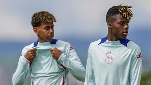 <p>SPANISH STARS: Spain's Lamine Yamal and his teammate Nico Williams take part in a training session ahead of Sunday's Euro 2024, final. Pic: AP Photo/Manu Fernandez.</p>