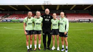 <p>REBEL ARMY: Assistant coach Colin Healy with players, from left, Eva Mangan, Megan Connolly, Denise O'Sullivan and Lily Agg, all from Cork, after a Republic of Ireland women's training session at Turners Cross. Photo by Stephen McCarthy/Sportsfile</p>