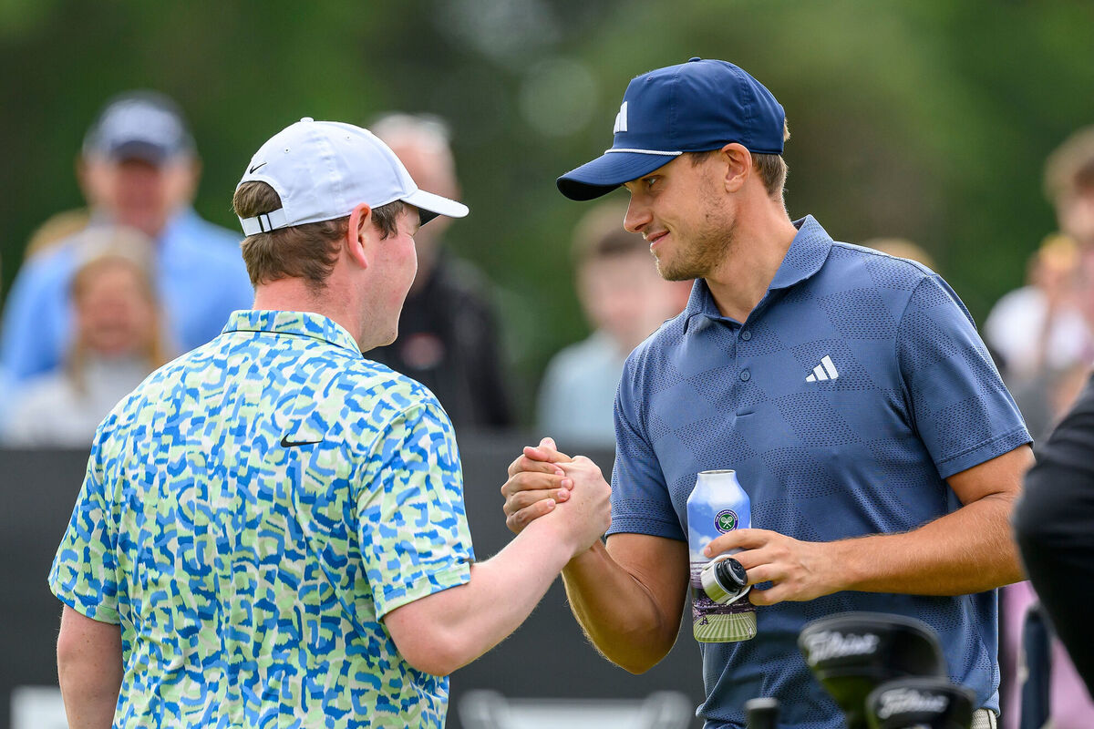 Ludvig Aberg speaks with Robert MacIntyre on the 1st hole. Photo credit: Malcolm Mackenzie/PA Wire. Ludvig Aberg speaks with Robert MacIntyre on the 1st hole. Photo credit: Malcolm Mackenzie/PA Wire.