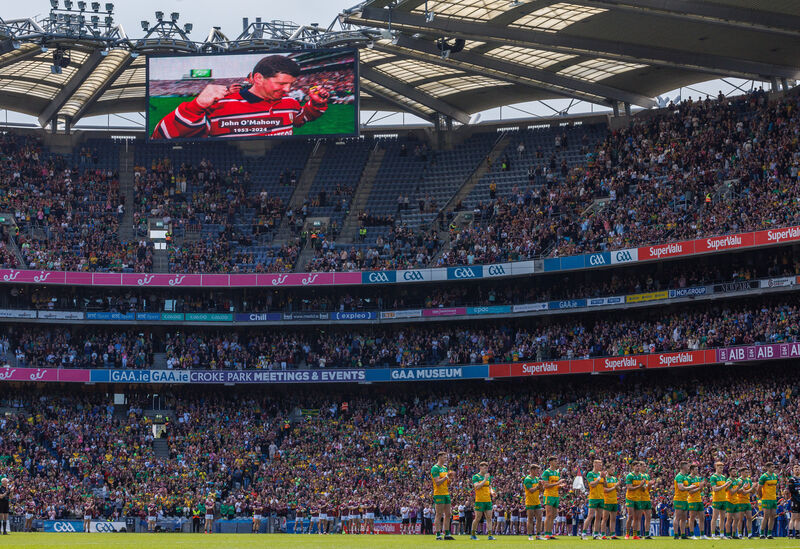 Former Galway manager John O'Mahony is remembered on the big screen before the All-Ireland SFC semi-final. Picture: ©INPHO/James Crombie Former Galway manager John O'Mahony is remembered on the big screen before the All-Ireland SFC semi-final. Picture: ©INPHO/James Crombie