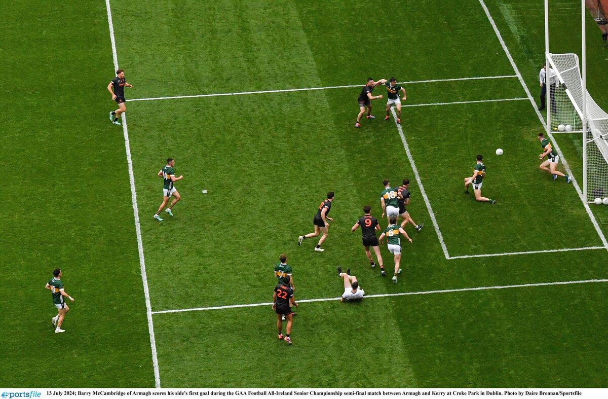 MESSY: Armagh's Barry McCambridge jabs home the timely second half goal to reignite their challenge. Pic: Daire Brennan/Sportsfile