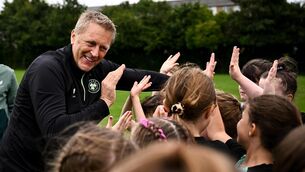 <p>NEW MAN: Republic of Ireland manager Heimir Hallgrímsson with participants during a visit to a FAI football camp at Verona FC in Blanchardstown, Dublin. Picture: Harry Murphy/Sportsfile</p>