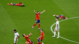 <p>Spain's Dani Olmo, Daniel Carvajal and Nacho Fernandez celebrate as England's Jude Bellingham and Declan Rice stand dejected. Pic: Andrew Milligan/PA Wire.</p>