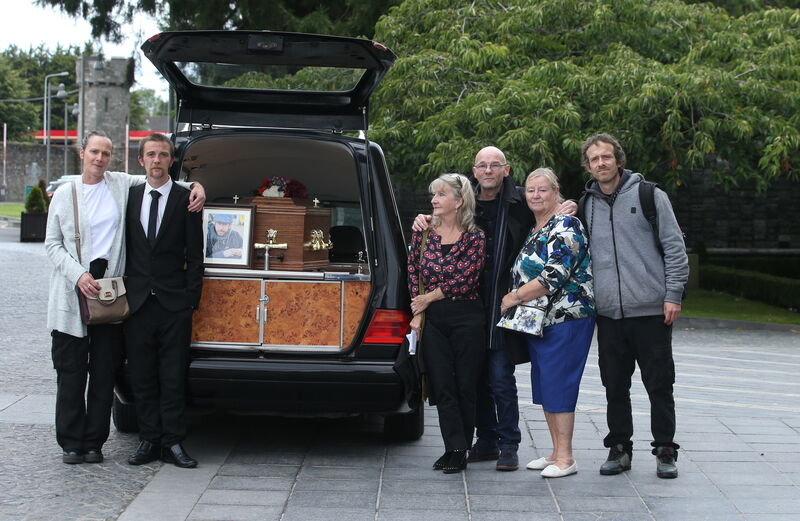 Friends Gareth, Jackie, Eilish, Drew, Polly and Nick bid farewell to Alex Warnick at a celebration of Alex’s life at Glasnevin Crematorium on Tuesday. Picture: Stephen Collins/Collins Photos