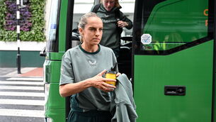 <p>BABY ON BOARD: Julie-Ann Russell at Dublin Airport ahead of the team's departure for their 2025 UEFA Women's European Championship Qualifier match against England in Norwich. Picture: Stephen McCarthy/Sportsfile</p>