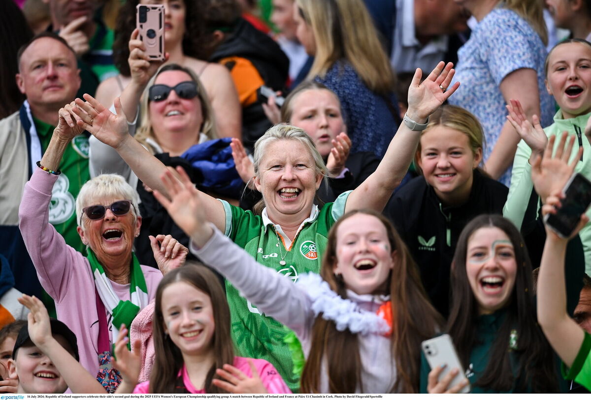 Republic of Ireland supporters celebrate their side's second goal during the 2025 UEFA Women's European Championship qualifying group A match between Republic of Ireland and France at Páirc Uí Chaoimh in Cork. Photo by David Fitzgerald/Sportsfile