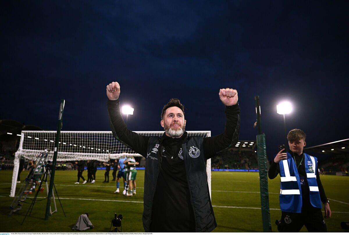 Shamrock Rovers manager Stephen Bradley after his side's victory in the UEFA Champions League first qualifying round second leg match between Shamrock Rovers and Vikingur Reykjavik at Tallaght Stadium in Dublin. Photo by Harry Murphy/Sportsfile