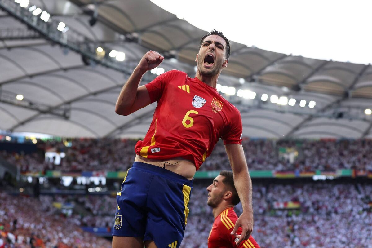Mikel Merino celebrates after heading home Spain’s winner in their quarter-final against Germany