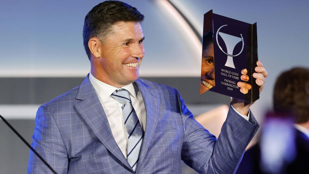 Padraig Harrington reacts as he is inducted during the World Golf Hall of Fame Induction. Photo by Alex Slitz/Getty Images.