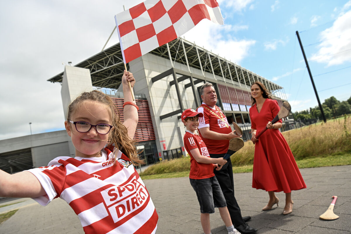 Lord Mayor of Cork, Cllr Dan Boyle; Commercial director of Cork GAA Sinead O’Keeffe and hurling fans Nancy and Charlie Corcoran at the Rebels’ Fanzone at Páirc Uí Chaoimh. Picture: Brian Lougheed