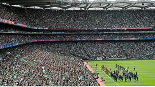 <p>FINAL MOMENTS: The teams parade behind The Artane Band in the final moments before the throw in for the All-Ireland hurling final. Pic: Ramsey Cardy/Sportsfile</p>