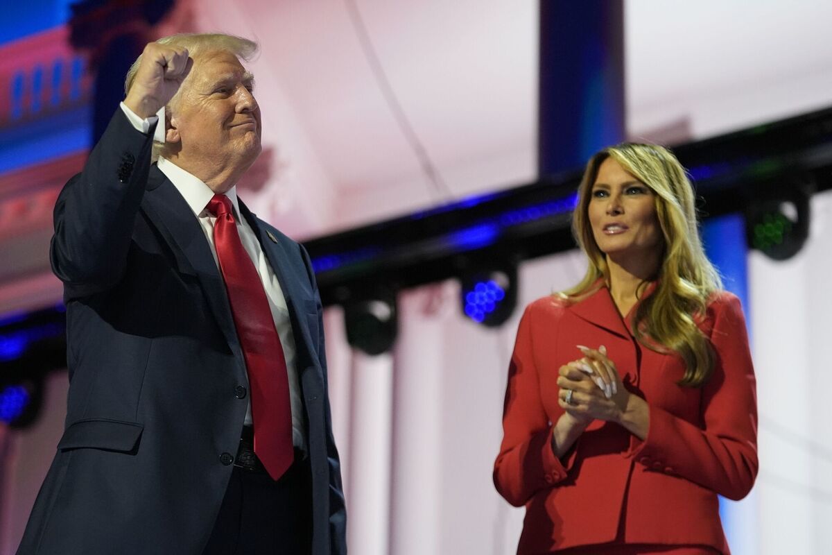 Melania Trump watches as Republican presidential candidate former President Donald Trump gestures during the final day of the Republican National Convention Thursday, July 18, 2024, in Milwaukee. Picture: AP Photo/Paul Sancya