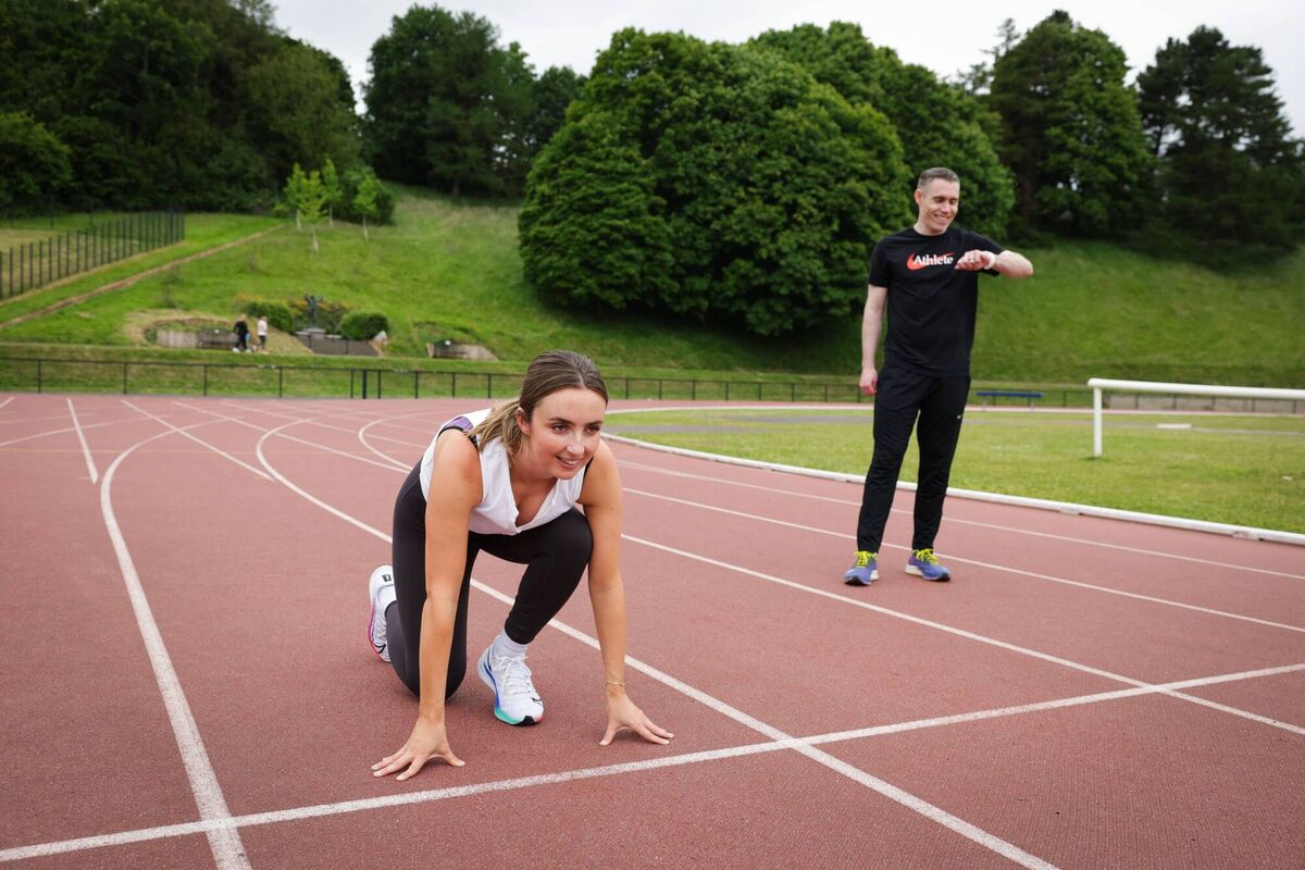 Kate Demolder gets set to run with Dancing with the Stars Paralympian Jason Smyth. Picture: Kelvin Boyes/Press Eye