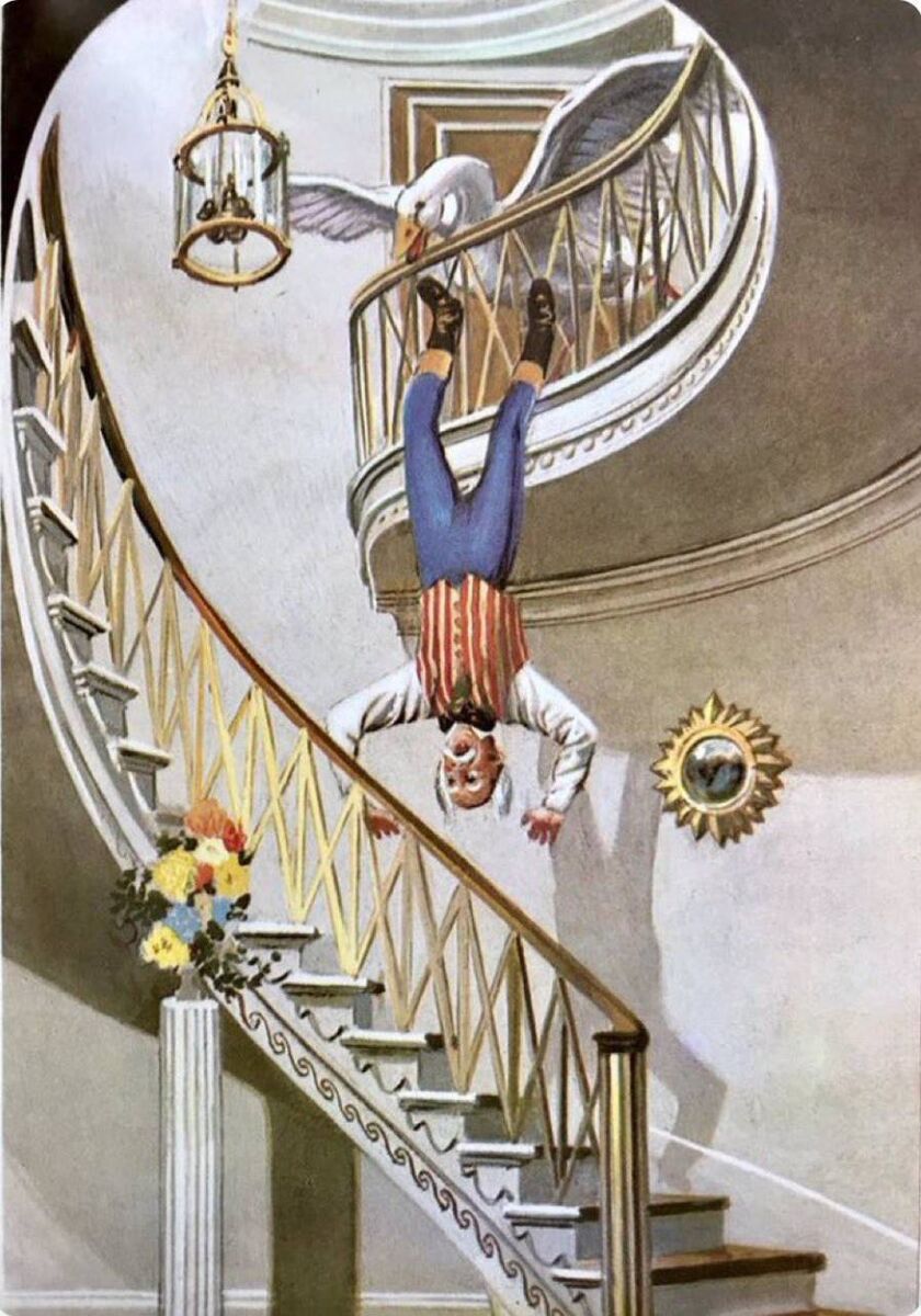 Goosey, goosey gander - speculation is rife regarding whither he dost wander. Art: Frank Hampson