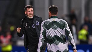 <p>Shamrock Rovers manager Stephen Bradley celebrates with Aaron Greene after victory in the Champions League first qualifying round against Vikingur Reykjavik. Photo by Harry Murphy/Sportsfile</p>