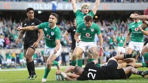 <p>Ireland's Conor Murray celebrates Robbie Henshaw's try against the All Blacks at Soldier Field in Chicago. Picture: ©INPHO/Billy Stickland</p>