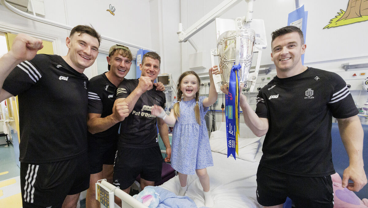 Three-year-old Isla Timmins, from Donaghmede, was thrilled to see players David Fitzgerald, Peter Duggan, John Conlon, and Tony Kelly. Picture: Andres Poveda