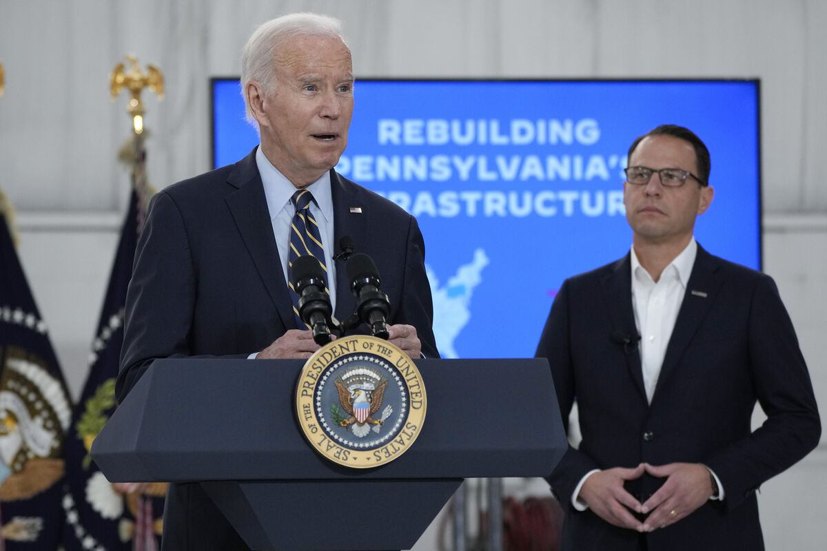 Pennsylvania Governor Josh Shapiro, right, listens as President Joe Biden speaks. Picture: AP Photo/Manuel Balce Ceneta, File